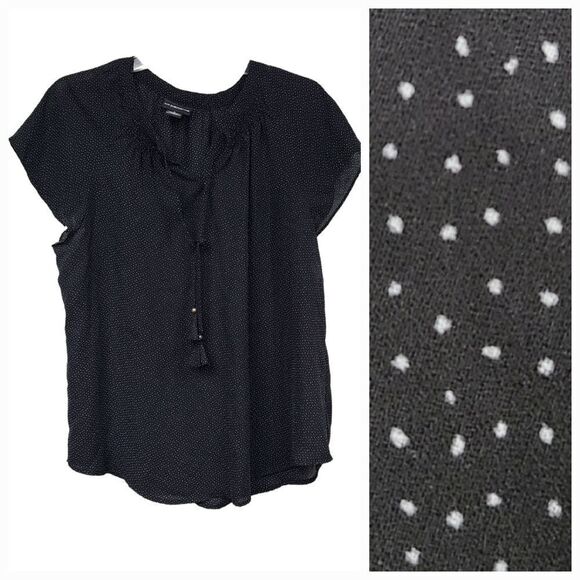 Liz Claiborne Career Black Polka Dot Tassel Tie Flutter Sleeve Chiffon Blouse - Picture 1 of 10
